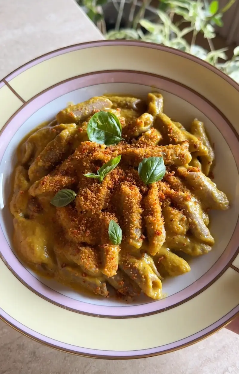 Pasta con crema di peperoni, ceci e basilico ricetta