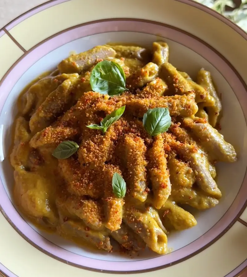Pasta con crema di peperoni, ceci e basilico ricetta