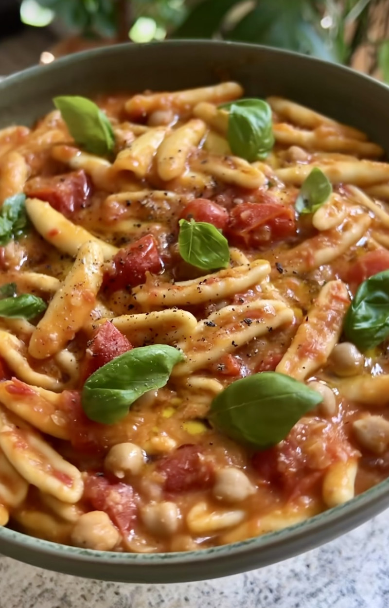 Pasta ceci, pomodorini e basilico ricetta