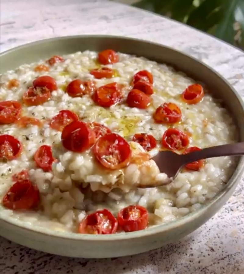 Risotto con crema di melanzane e pomodorini confit ricetta