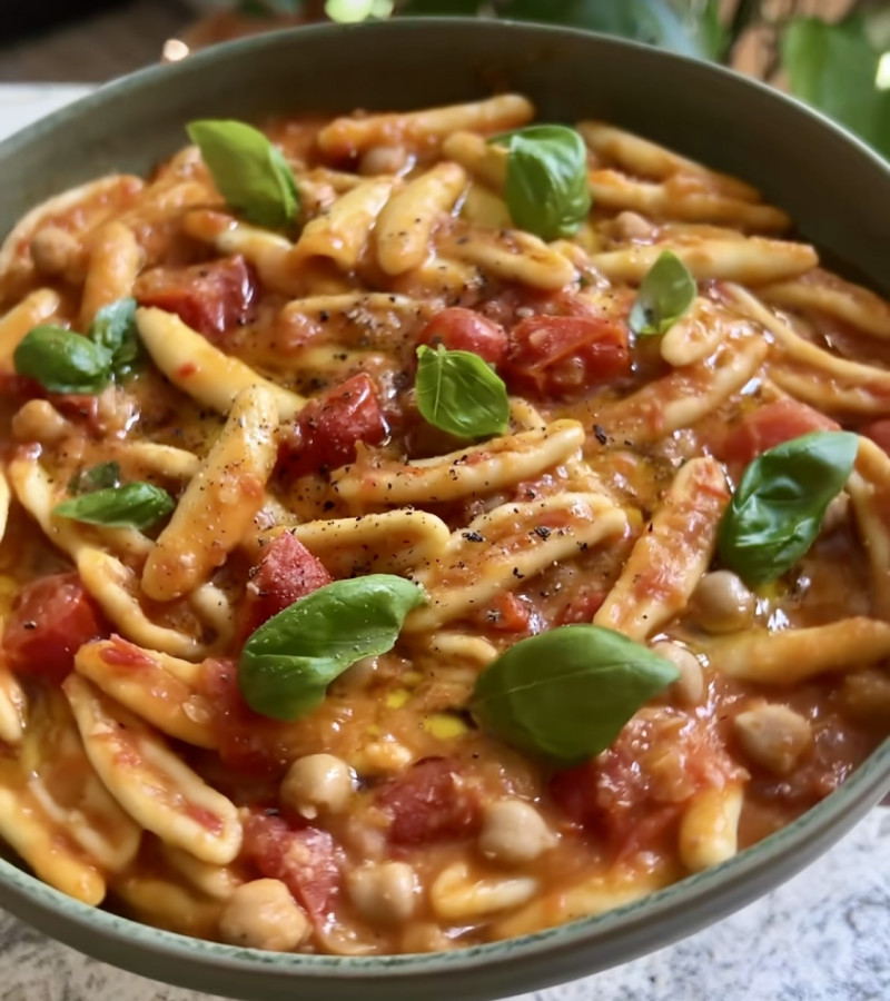 Pasta ceci, pomodorini e basilico ricetta